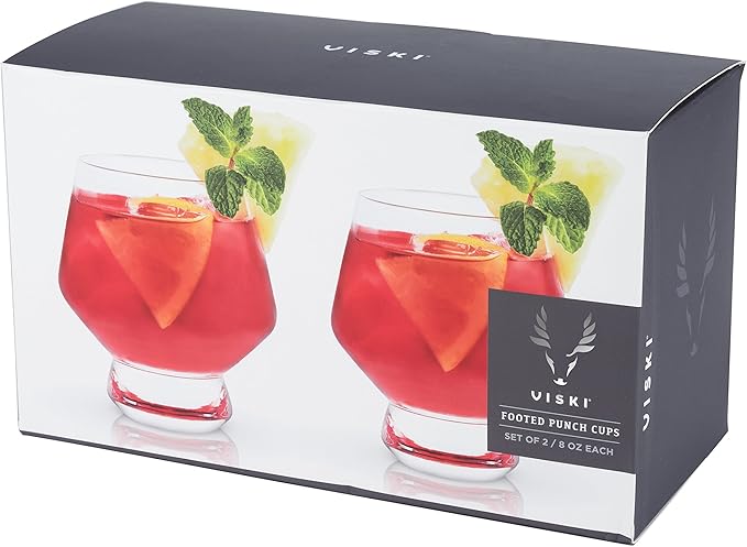 Viski Raye Footed Crystal Punch Cups Set of 2 - Premium Crystal Clear Glass, Stemless Heavy Base Punch Cocktail Glass Gift Set, 8 oz