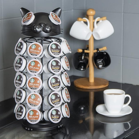 Made Easy Kit Carousel Coffee Pod Holder, Compatible with Keurig K-Pods K-Cups, Countertop Rack Storage Organizer, Metal Home and Kitchen Decor, Capsule Café Station Bar (Large, Black Cat)
