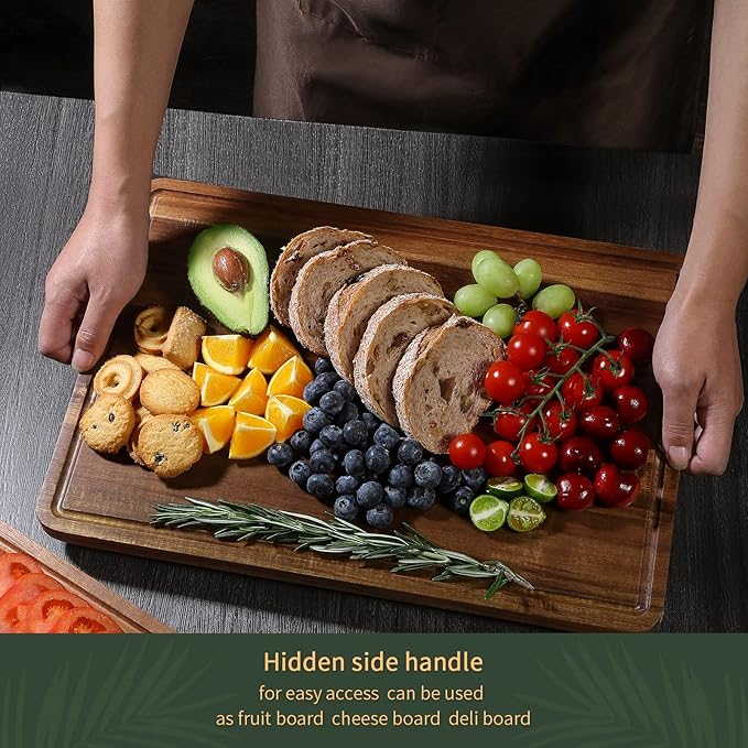 Wood Cutting Boards Set of 3 for Kitchen, Thick Chopping Board, Large Wooden Cutting Board Set with Deep Juice Groove and Handles, Wooden trays for meat, fruit and cheese