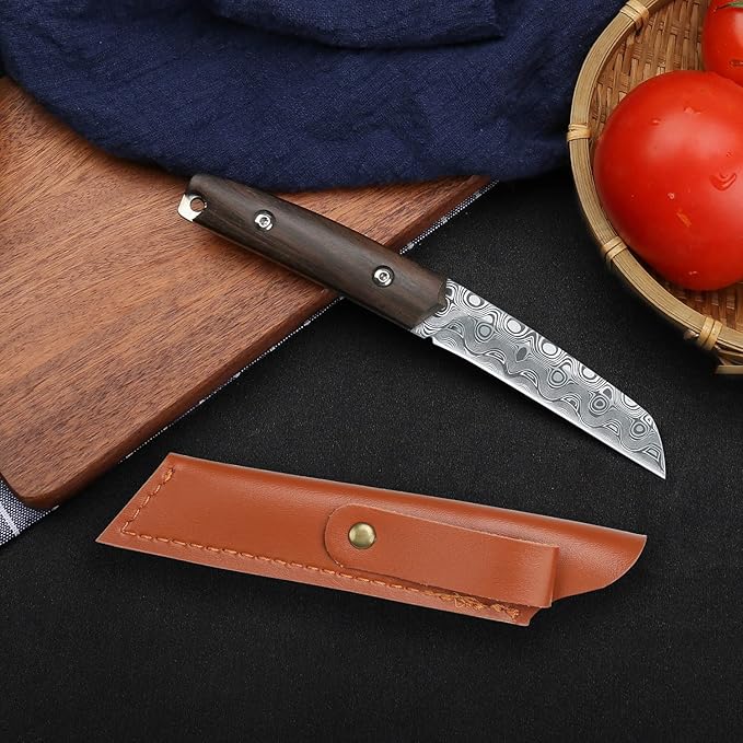 WILDMOK Paring knives Stainless Steel 3.2 Inch Utility Knife Full Tang Fruit Vegetable Cutting Carving Kitchen Knife with Leather Case (A)