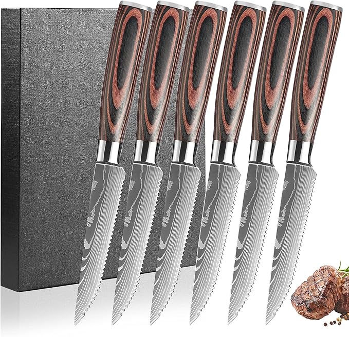 Serrated Steak Knife Set - 6pcs Premium 4.5 inch Kitchen Cutting Steak Knives, German Stainless Steel Knife Professional Table Dinner Knife with Pakkawood Handle for Home Restaurant