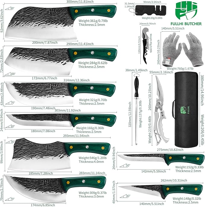 FULLHI Butcher Knife Set with Kitchen Shears, Hand Forged Chef Boning Knife With Scissors High Carbon Steel For Kitchen, Camping, BBQ