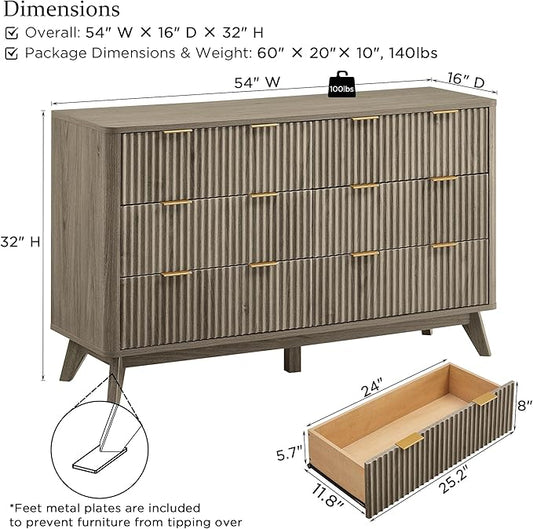 T4TREAM Fluted 6 Drawers Dresser, 54" Wide Modern Chest of Drawers, Curved Profile Design, Dresser TV Stand, Wood Drawer Organizer for Bedroom, Living Room, Hallway, Grey Alder