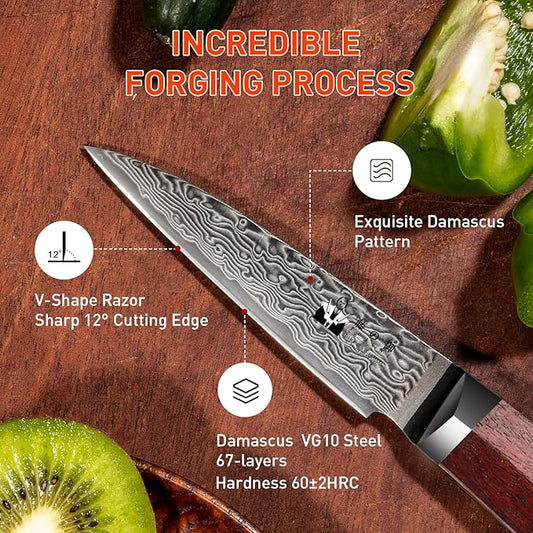 Damascus Paring Knife 3.5-inch Fruit and Vegetable Paring Knife 67-Layer Damascus with VG10 Cutting Core Peeling Knife with Full Tang Ergonomic Natural Wood Handle for Peeling