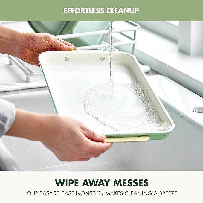 GreenPan Bakeware Rectangular Cake Pan, Ceramic Nonstick Baking Pan, PFAS & BPA Free, Gold Handles, Durable Steel, Freezer to Oven Dish, Scratch Resistant, Bake & Roast Ovenware, Sage Green