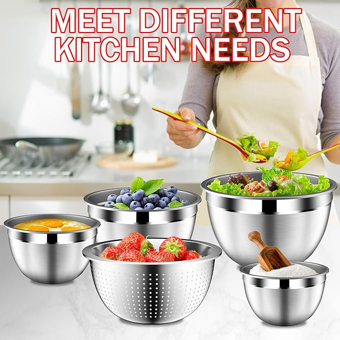 Mixing Bowls with Strainer, Mixing Bowl with Lids Set, Stainless Steel Mixing Bowls, Kitchen Gadgets 2025 Salad Bowls with Strainer for Mixing & Preping & Baking, Multicolor