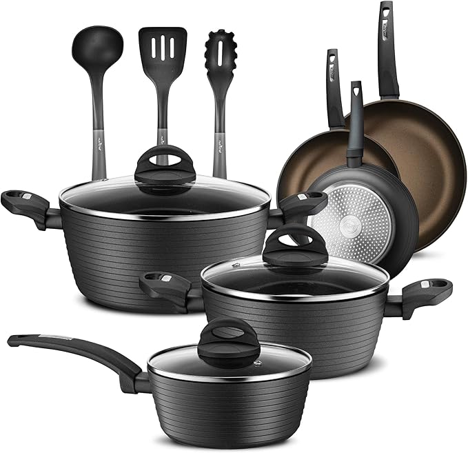 NutriChef 12-Piece Hard Anodized Nonstick Cookware Set - Induction Ready Pots & Pans with Elegant Ridge-Line Pattern, Heat-Resistant Lacquer, Gray