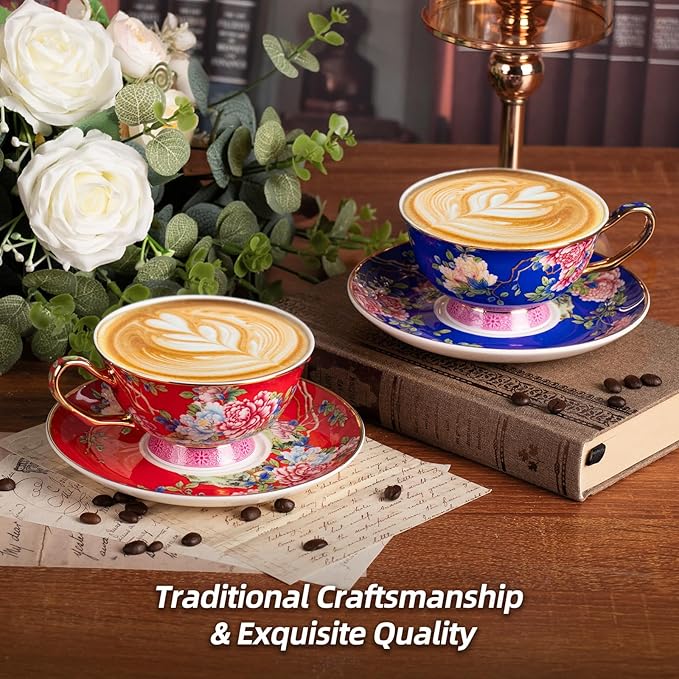 KAMMAK Porcelain Espresso Cups with Saucers, Ceramic Coffee Cups with Saucers Set of 2, 5.64oz Handcrafted Cappuccino Cups, Non-Toxic Durable Vintage Tea Cups Drinkware for Party, Home, Office, Gifts