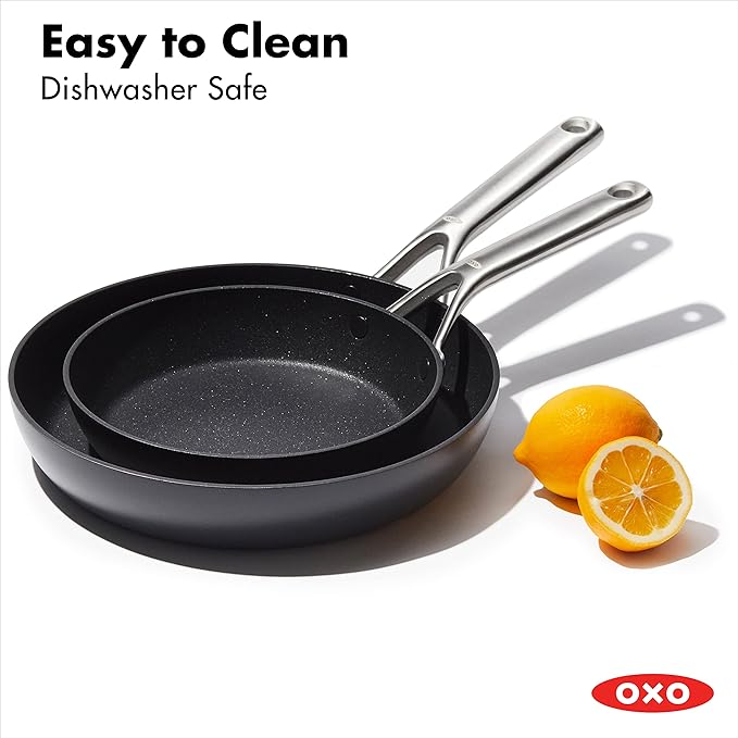 OXO Professional 8" and 10" Frying Pan Skillet Set, Hard Anodized Ceramic Nonstick Cookware PFAS-Free, Stainless Steel, Induction Suitable, Diamond Reinforced Coating, Dishwasher and Oven Safe, Black