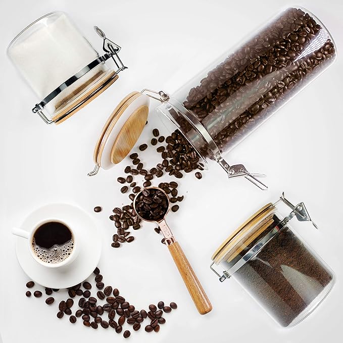 Urban Green Borosilicate Glass Storage Jars with Airtight Locking Clamp Lids, Airtight Canister Set,Coffee Set of 3 with Spoon (50oz, 24oz, 18oz), Storage Containers with Bamboo Lid