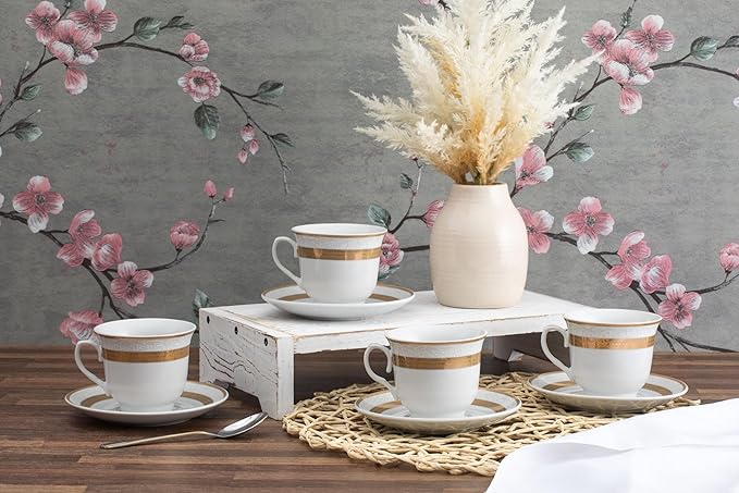 Porcelain Tea Set 8 Piece - 5.75 inch Saucers, 6.5 oz Cups - Elegant White with Gold Rope Design - Dish Set for Tea-Parties, Cappuccino, Vintage Kitchen Decor (Rope Gold 3008, 8 Piece)