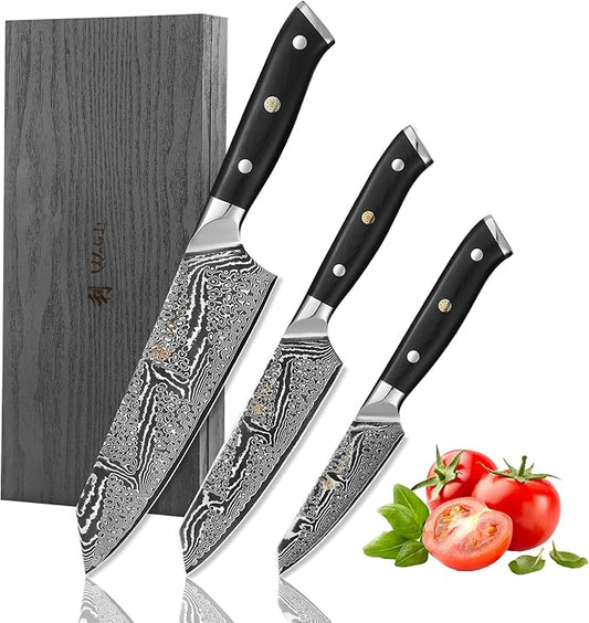 Wakoli NIT 3-Piece Kiritsuke Knife Set – Professional Damascus Kitchen Knives | 67-Layer VG10 Core Steel | Ergonomic G10 Handles | Japanese-Style Chef Knife Set in Wooden Gift Box