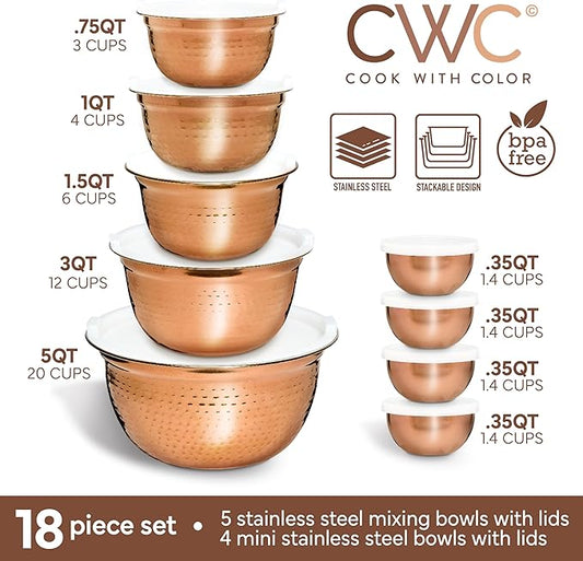 COOK WITH COLOR 18 Piece Mixing Bowls Set with Airtight Lids, Stainless Steel Bowl Organizers, Food Storage Containers, Meal Prep, Nesting Salad Bowls For Cooking, Baking, Kitchen, Copper - Hammered
