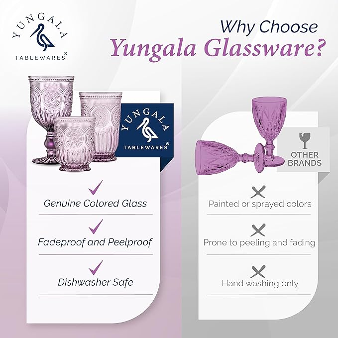 Yungala Purple Wine Glasses set of 6 purple goblets. GLASS goblets for wine, water or cocktails, vintage glassware and DISHWASHER SAFE, colorful glassware.