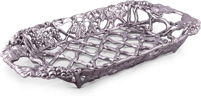 Arthur Court Metal Pyrex Glass Casserole Dish Holder Grape Pattern Sand Casted in Aluminum with Artisan Quality Hand Polished Design Tarnish-Free 21 inch Long 3 Quart Removable Glass Dish Included