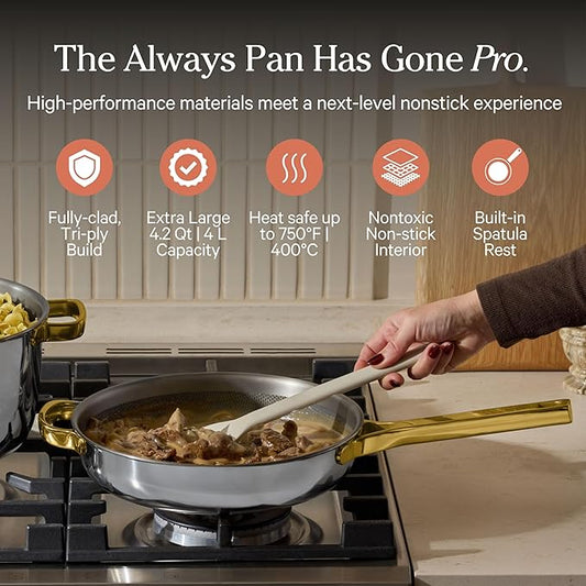 Our Place Titanium Large Always Pan Pro - 12.5” (4.2 Qt) No-Coating Nonstick Skillet | Tri-Ply Titanium & Stainless Steel | Safe for Oven, Induction & Cooktops up to 750°F | Includes Spatula | Gold