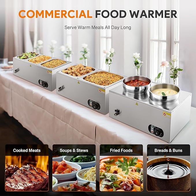 WILPREP Single-Well Commercial Food Warmer with Two 7.4 qt. Inset Pots, Electric Warmer for Food with Adjustable Temp & Auto Shutoff, Stainless Steel Food Heating Unit for Buffet Food Truck Hotel More
