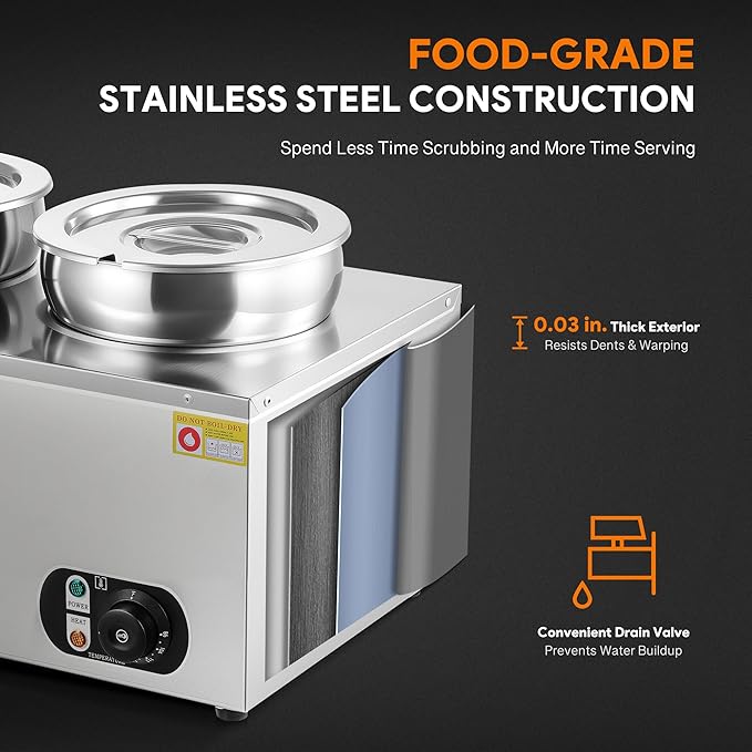 WILPREP Single-Well Commercial Food Warmer with Two 7.4 qt. Inset Pots, Electric Warmer for Food with Adjustable Temp & Auto Shutoff, Stainless Steel Food Heating Unit for Buffet Food Truck Hotel More