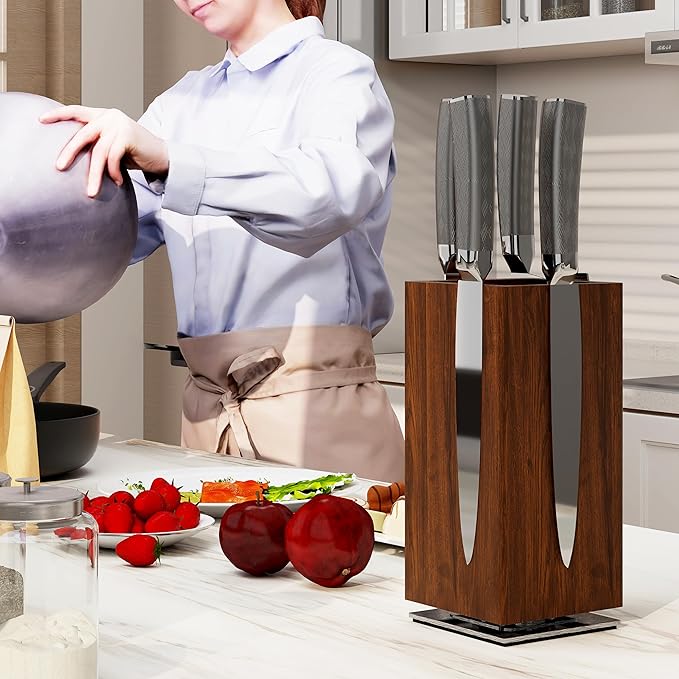 360° Rotating Magnetic Knife Block without Knives - Universal Holder for Counter Top with Removable Bristles, Acacia Wood