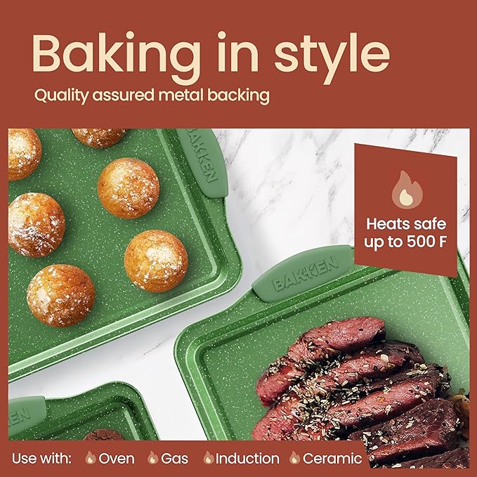 BAKKEN Kitchen Baking Pan Set - Nonstick Green Marble Coating, Carbon Steel Bakeware Sets with Green Silicone Handles, Kitchen Essentials, PFOA, PFOS, PTFE Free, Oven Safe (Up To 450° F), Set of 6