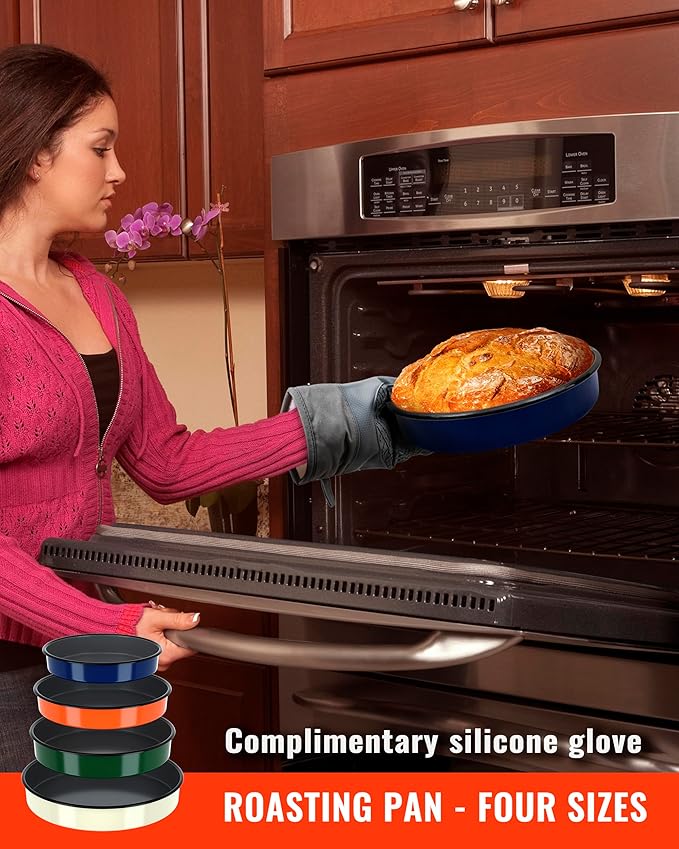 Enamel Round Baking Pans Set Roasting Dish 4-Pack 9/10/12/14 Inch Non Stick Large Cookware for Cake Bread Pie Pizza Turkey Steak, Non-Toxic Carbon Steel Oven Dishwasher Safe Thanksgiving Bakeware