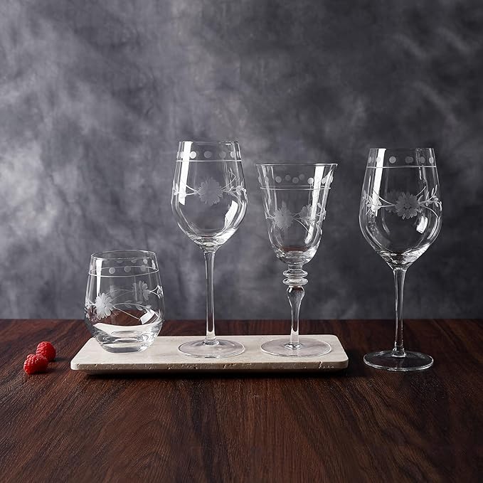 Royalrose Premium Delight Vintage Red Wine Glasses Set of 4, 15.7 oz – Hand-Blown with Etched, Classic Glassware for Weddings, Dinners, and Holiday Gifting (Stemless Wine Glasses)