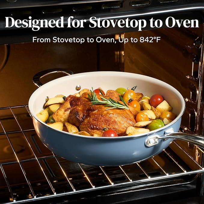 Redchef Ceramic Saute Pan with Lid, Nonstick Deep Frying Pan, 5QT Jumbo Cooker with Helper Handle & Lid, Non Toxic Ceramic Cooking Pan, Chef Pan, Dishwasher & Oven Safe, PFAS PFOA & PTFE Free(Blue)