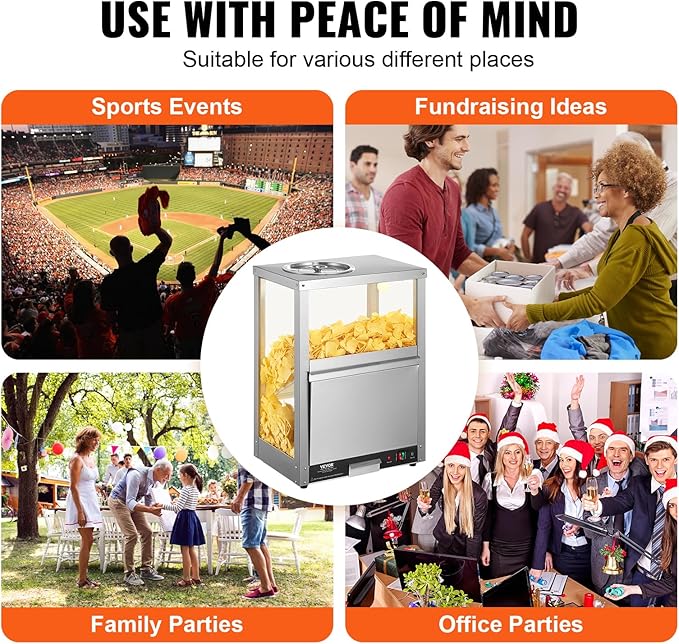 VEVOR Nacho Chip Warmer, 84.5QT Stainless Steel Machine with Warming Light, Deflection Board, for Popcorn, Potato Chips, Peanuts