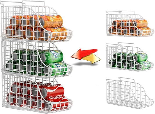 Stackable Pantry Can Dispenser Baskets 3-Pack, Standing Beverage Drink Pop Soda Can Storage Organizer Bin with Handles, Foldable Canned Food Holder for Kitchen Countertop Cabinet White