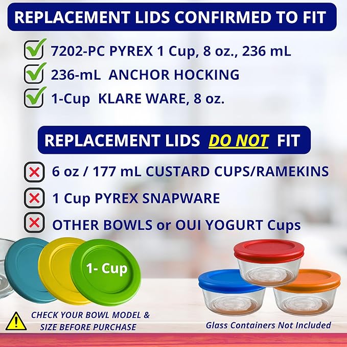 1, 2, 4 & 7 Cup Blue Replacement Lids/Covers for Pyrex, Anchor Hocking & KlareWare Storage Bowls *Lids Only Glass Container Not Included* (12 Pack *Three of Each Size*)