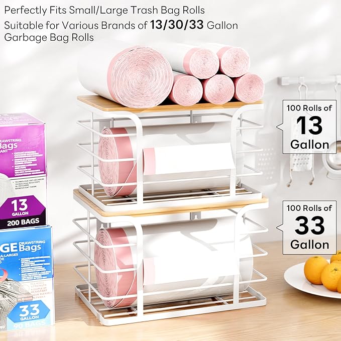 2 Pack Extra Large Stackable Pantry Organizer,Wall Mount Garbage Bag Holder Dispenser with Bamboo Top for Kitchen Laundry Room Organization,White