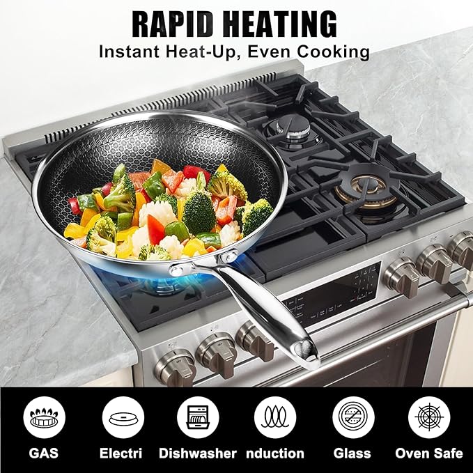 Frying Pan 8 Inch Nonstick pan with Lid, Stainless Steel Skillet with Honeycomb Surface, Induction Compatible, Oven & Dishwasher Safe, PFAS-Free Cookware