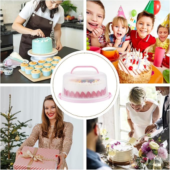 Cake Carrier with Lid and Handle, Cake Container Cupcake Holder for 10 inch Cake with 2 Handles Cupcake Carriers - Cover Two Sided Base for Transport Storage Pies Nuts, Pink Round Cake Stand