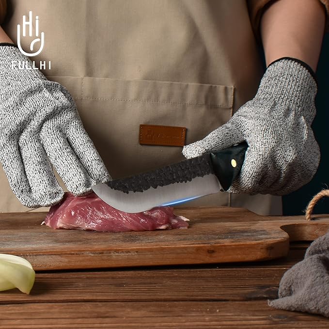 FULLHI Portable 12pcs Butcher Knife Set Green Woodhandle with Knife Bag Hand Forged Chef Boning Knife High Carbon Steel Viking for Kitchen, Camping, BBQ