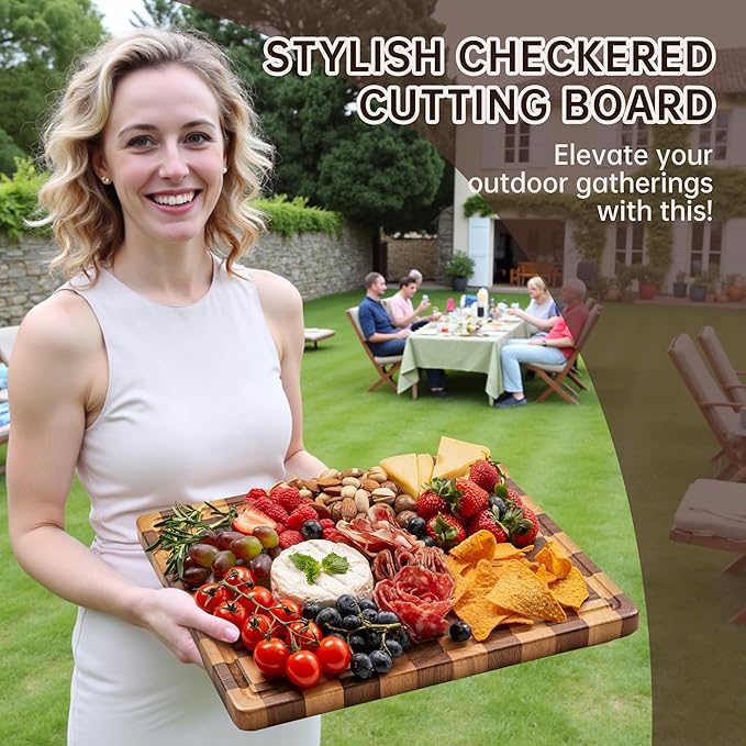Cutting Board Set, Acacia Wood Checkered Cutting Boards for Kitchen, 3 pcs Chopping Board with Juice Grooves & Handles, Butcher Block Serving Tray for Meat, Vegetables and Fruits with Gift Box