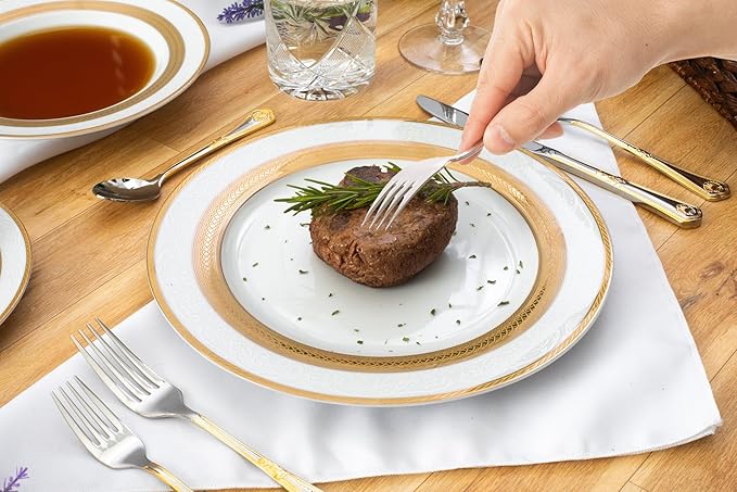 32 Piece Luxurious Dinnerware Sets – Service for 8 Plates and Bowls – White and Gold Rope Design Dish Set for Kitchen Table, Everyday Dining or Formal Use (Rope Gold)