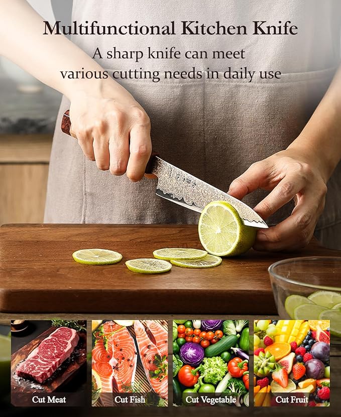 HEZHEN Kitchen Utility Knife, 5.5 Inches, 37 Layers Tricolor Copper Damascus Steel, Vegetable Fruit Knife, for Chefs and Home Cooking Using, Razor Sharp,Sycamore Wood Handle