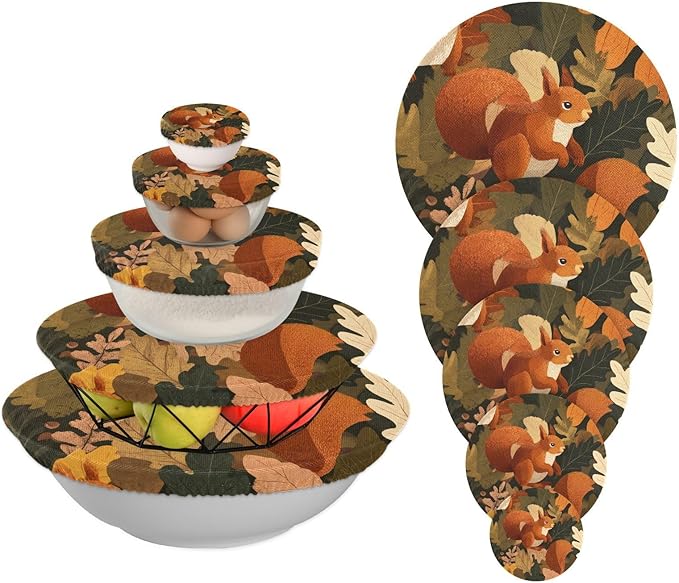 5 Pcs Bowl Covers Reusable in 5 Size Elastic Food Cover Cloth Lids Fresh Keeping Dish Cookware Bakeware Fabric Covers Lids for Food Leftovers Fruits Storage Orange Squirrel Leaves Falling