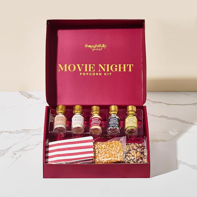 Thoughtfully, Movie Night Popcorn Gift Set with Seasonings, Toppings & Popper – Includes Eat What You Watch Cookbook, Popcorn Kernels, Microwave Popper, Paper Bags