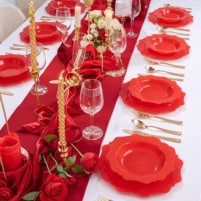 COLOSUS Red Plastic Party Bowls (60 Pack) 12 Oz Disposable Soup/Salad Bowl, Fancy Shatterproof Dinnerware for Catering, Holidays, Weddings, and Everyday Use