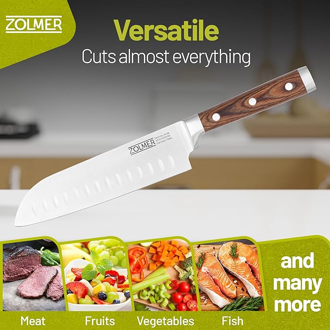 ZOLMER® Santoku Knife 7 Inch Blade – Extra Sharp Japanese Chef Knife – All-Purpose Kitchen Tool with German Wood Handle for Precision Cutting