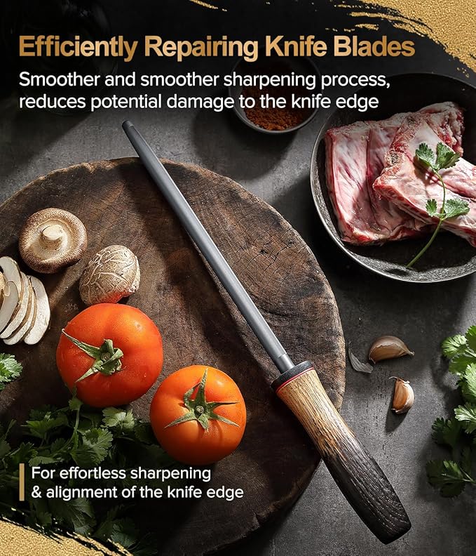 XINZUO 9.1 Inch Knife Sharpener Rod,High-Carbon Steel Hard Chrome Plating Honing Rod For Various Kitchen Knives Grinding, Pruning Shears With White Oak + Red G10 Gasket Handle