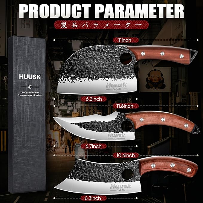 Huusk Butcher Knife Set Hand Forged Serbian Chef Knife Viking Boning Knife Cleaver Knife 3PCS Kitchen Knife Set for Meat Cutting Home & Outdoor Cooking BBQ Knives Gift for Men
