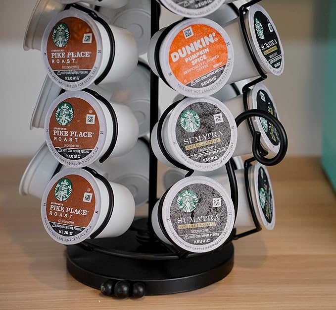 Made Easy Kit Carousel 360 Coffee Pod Holder, Compatible with Keurig K-Pods K-Cups, Countertop Rack Storage Organizer, Metal Home and Kitchen Decor, Capsule Café Station Bar (Small, Black Cat)