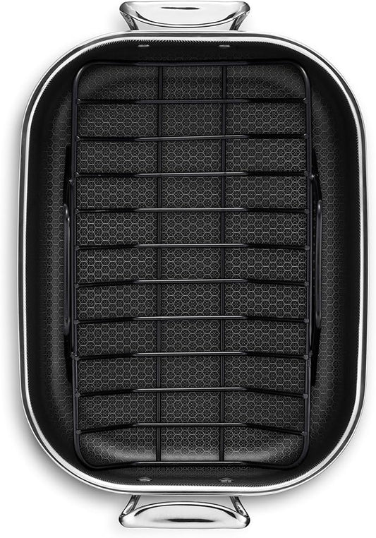 HexClad Hybrid Nonstick Small Roasting Pan with Rack, Dishwasher-Friendly, Oven-Safe Up to 900°F, Compatible with All Cooktops