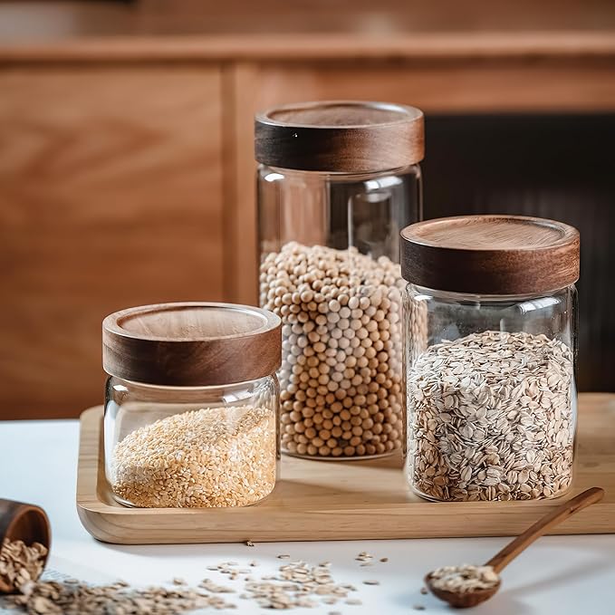 28 oz/850 ml Clear Glass Storage Canister with Airtight Wooden Screw Lid, Medium Cute Decorative Glass Container Jar for Coffee,Spice,Candy,Salt,Cookie,Condiment,Pepper,Sugar,Overnight Oatmeal