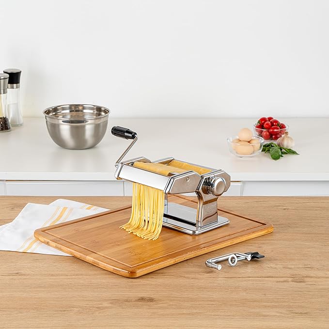Met Lux Pasta Maker Machine, 1 Pasta Maker With 2 Cutter Attachments - 9 Adjustable Thickness Settings, 5 Piece Set, Stainless Steel Manual Machine, For Fettuccine, Spaghetti