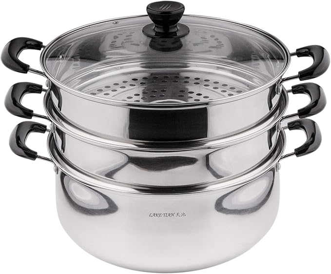 3 Tier Stainless Steel Steamer Pot For Cooking With Stackable Pan Insert, Food/Vegetable Steamer Cooker, Cookware Pot/Saucepan with Glass Lid, Multilayer By Lake Tian (28cm/11in)