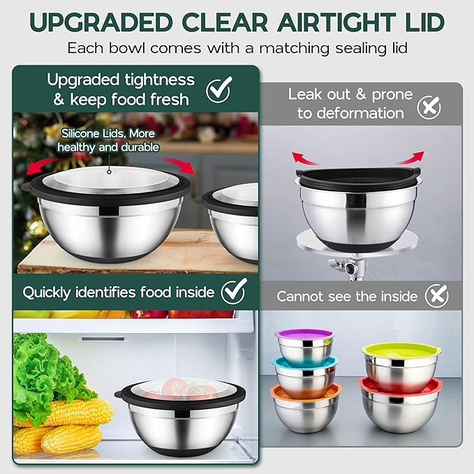 Onader Mixing Bowls with Lids Set of 6 for Kitchen, Stainless Steel Metal Nesting Bowls with Non-Slip Bottom Black - Size 1, 1.5, 2, 2.6, 3.5, 7QT
