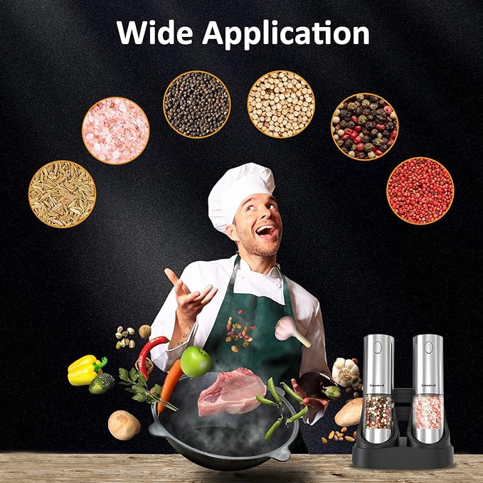 Electric Salt and Pepper Grinder Set USB Rechargeable Base, Stainless Steel Automatic Pepper and Salt Shakers with Adjustable Coarseness, LED Light, Ideal Gifts for Housewarming, Parents, Friends